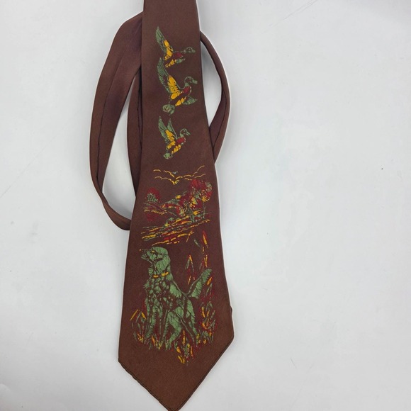Vintage Arco Brown Hunting Dog Duck Print Silk Necktie Men's Fashion Accessory